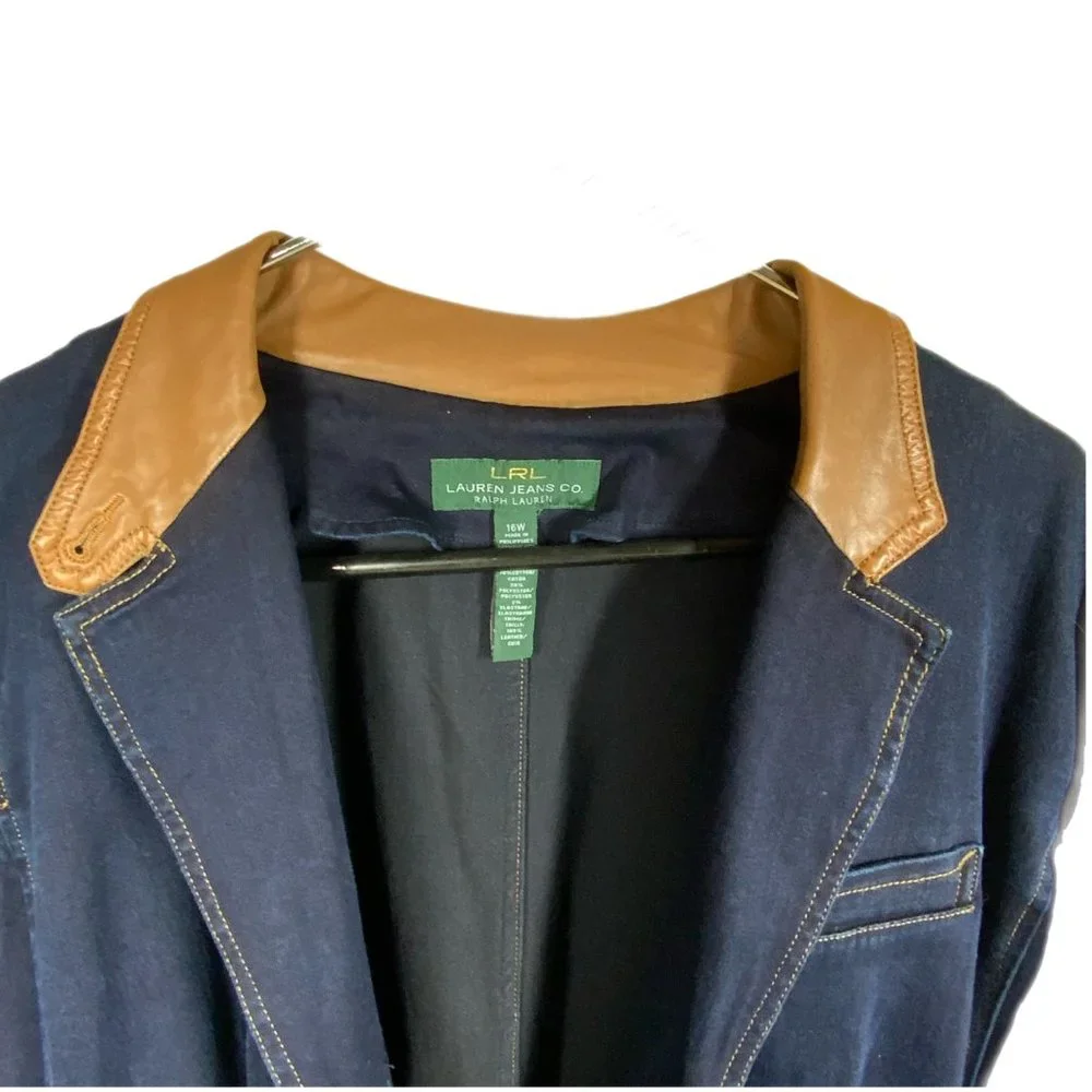 Lauren Ralph Lauren Jeans Co Denim Leather Trim Classic Blazer Size 16W LRL - Picture 3 of 3